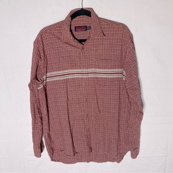Vintage Higher State Red Cream Plaid Cotton Casual Long Sleeve Button Up Shirt M - Picture 1 of 16